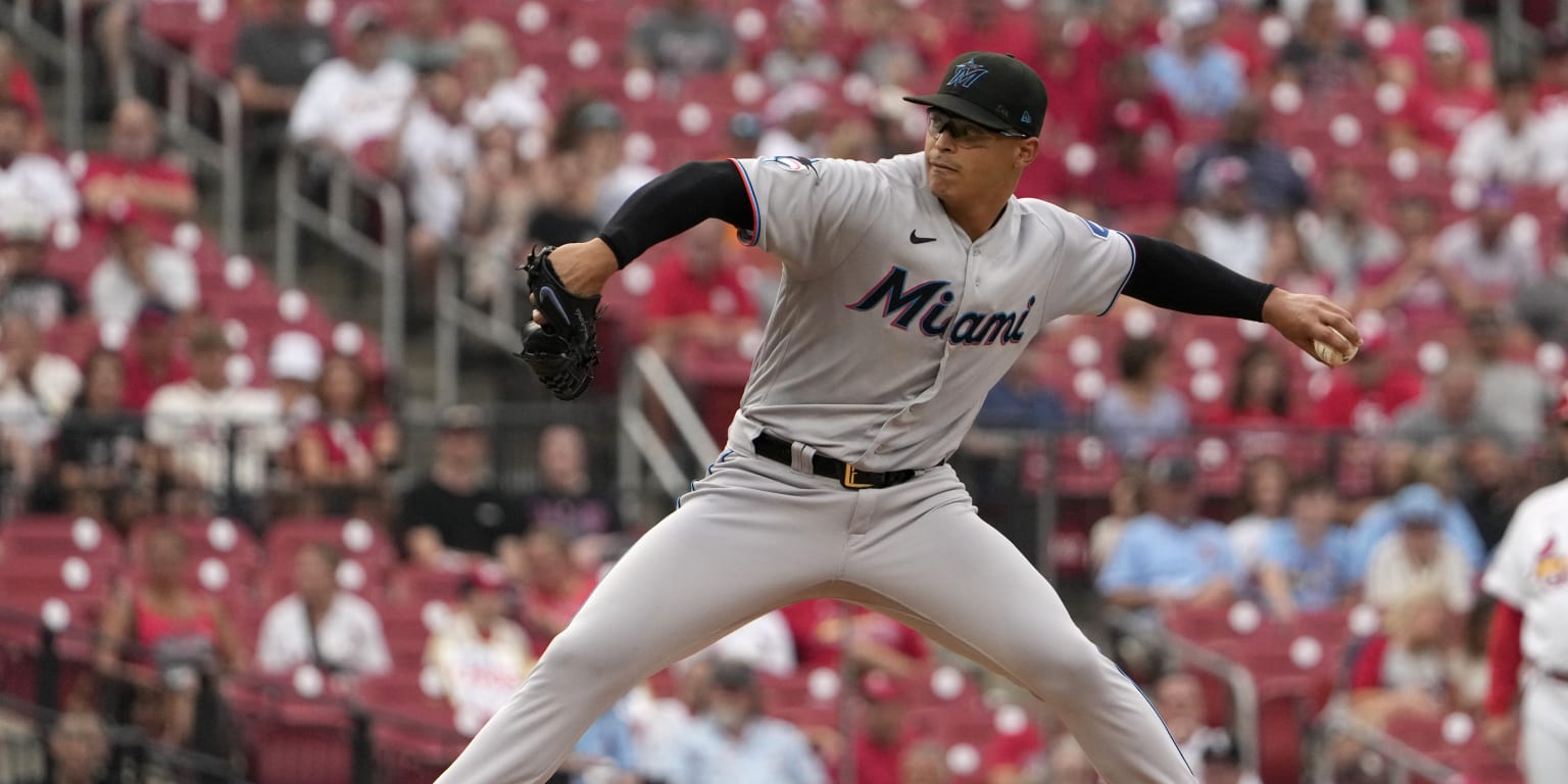 St. Louis, USA. 17th July, 2023. Miami Marlins starting pitcher Jesus  Luzardo (44) walks off the field after an inning during a MLB regular  season game between the Miami Marlins and St.