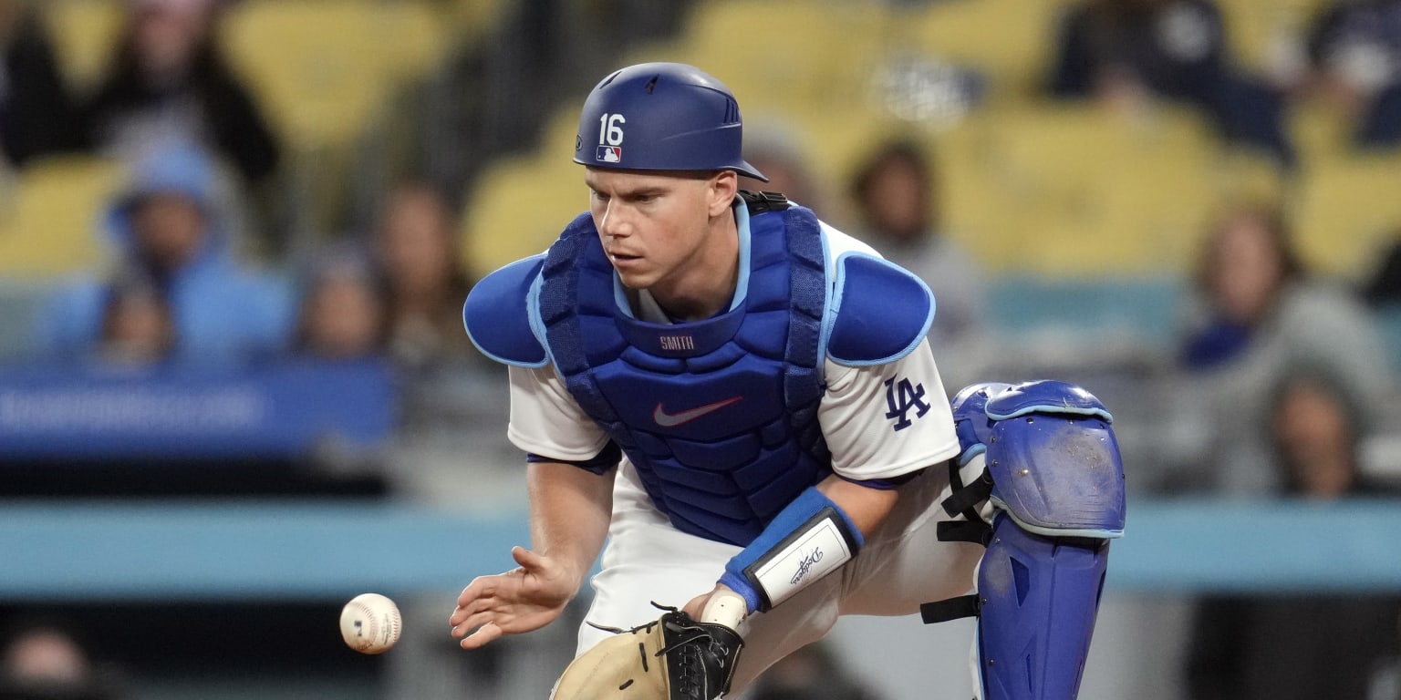 Los Angeles Dodgers catcher Will Smith looks on during a MLB game