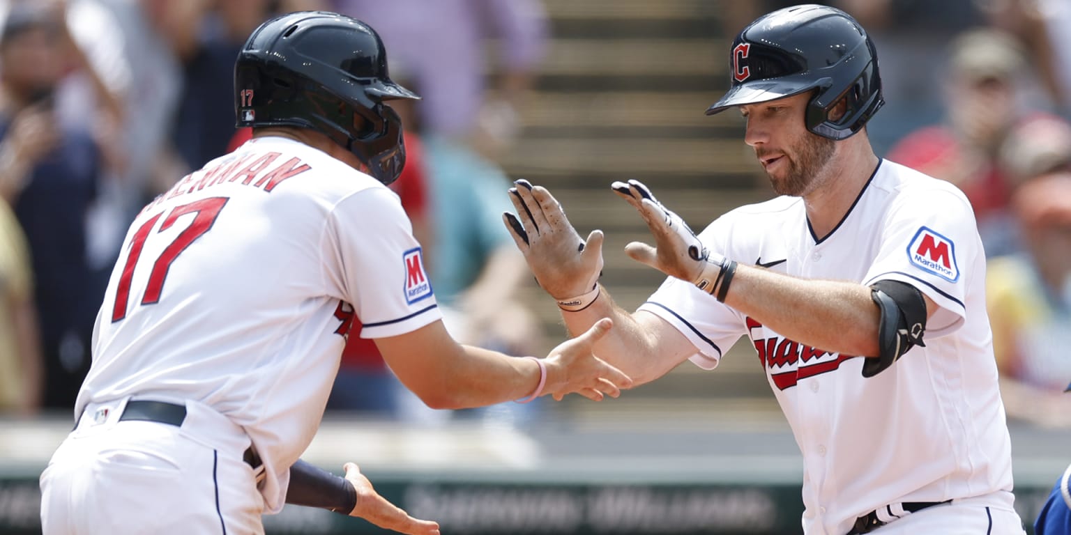 Cleveland Guardians third basemen Jose Ramirez (11) hits his 2nd home run  during an MLB regular season game against the Los Angeles Angels,  Wednesday, April 27th, 2022, at Angels Stadium in Anaheim