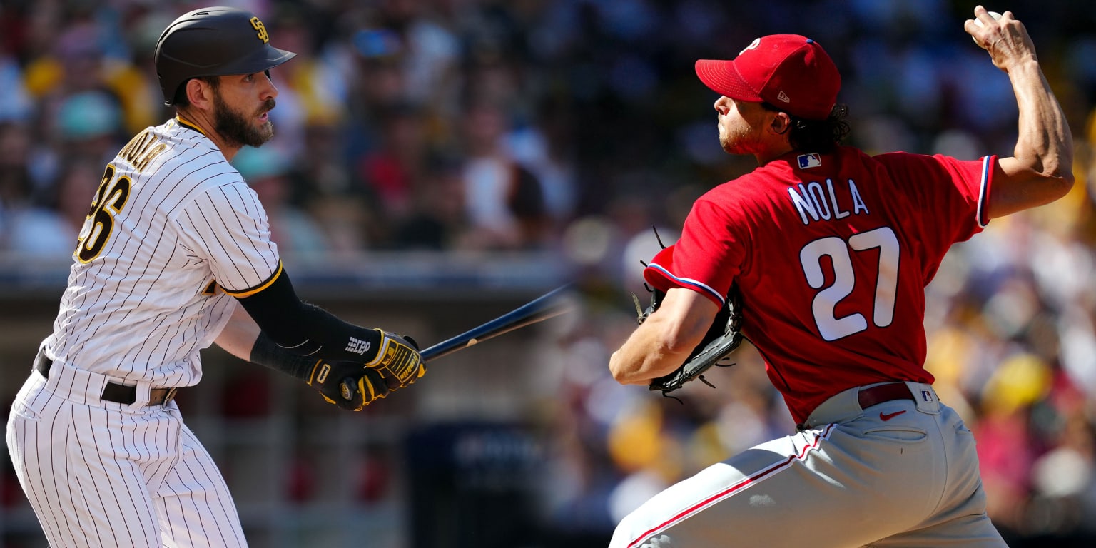 Philadelphia Phillies' Aaron Nola, right bats as his brother, San
