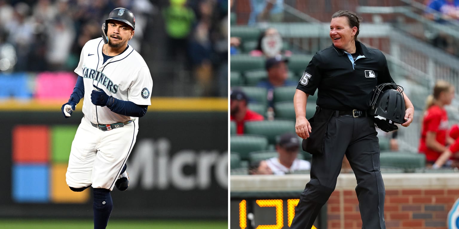 Josh Naylor greets Jen Pawol in Spring Training