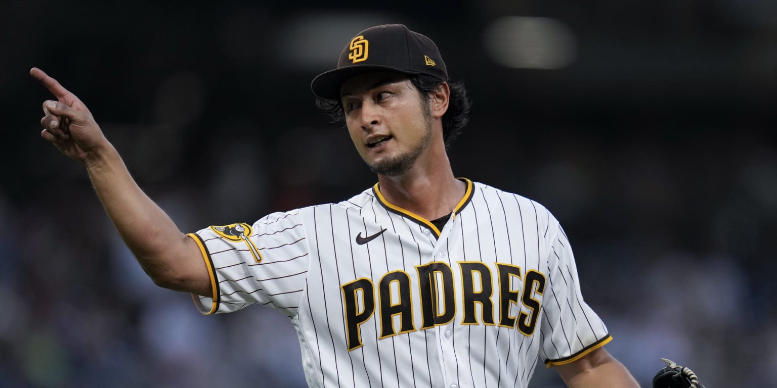 San Diego Padres pitcher Yu Darvish speaks to reporters in Chicago