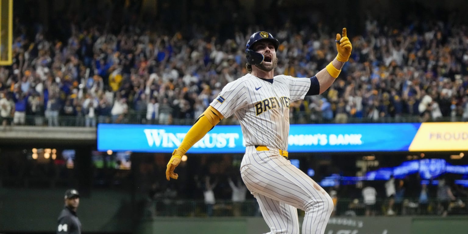 Milwaukee Brewers outfielder Garrett Mitchell celebrates after a postseason home run