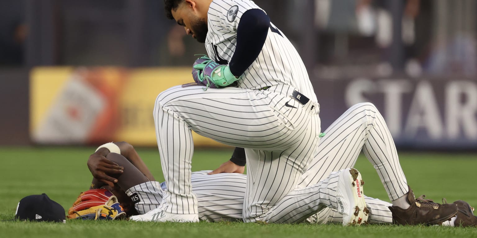Chisholm exits game after ugly collision in outfield with Domínguez