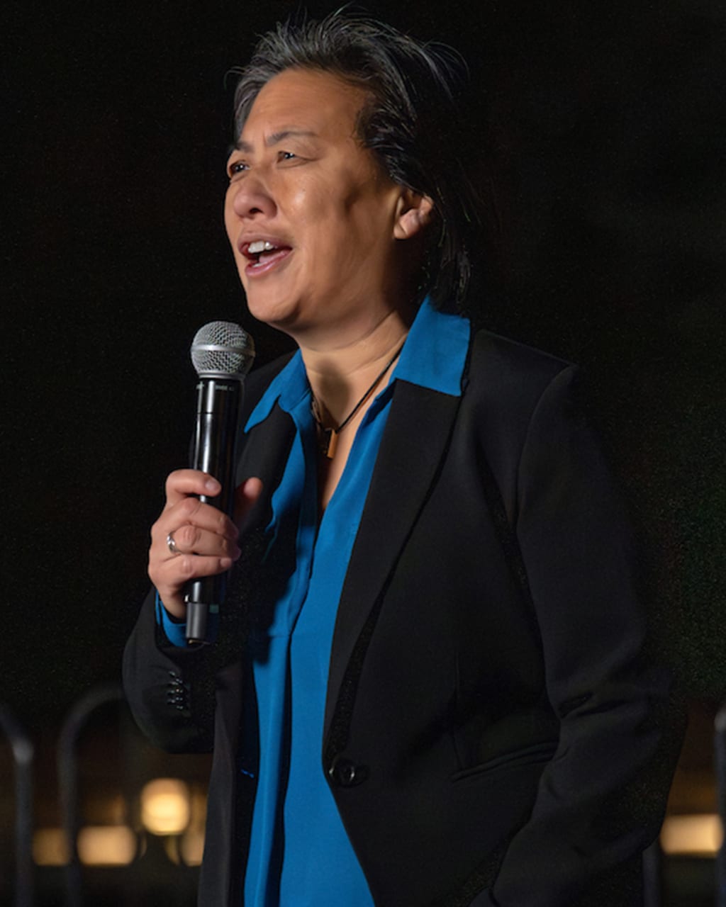 AUSL Commissioner Kim Ng welcomes guests during the Women on Deck Reception. (Mary DeCicco/MLB Photos via Getty Images)
