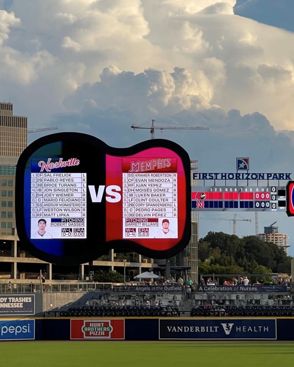 Gasser’s parents attended his first start after a promotion to Triple-A Nashville and captured the lineups on First Horizon Park’s signature guitar-shaped scoreboard. (Jim Gasser)
