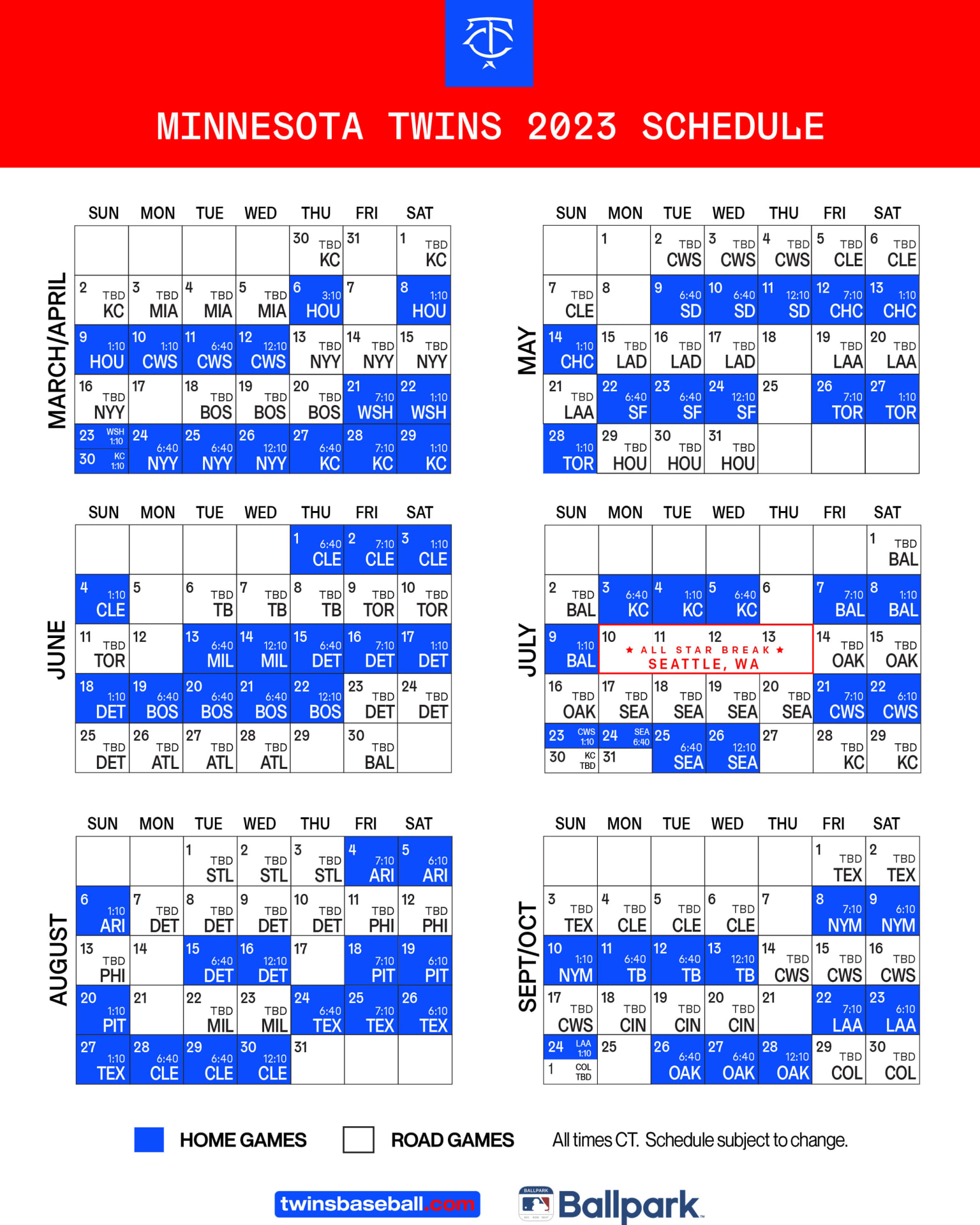 Printable Twins Schedule 2023