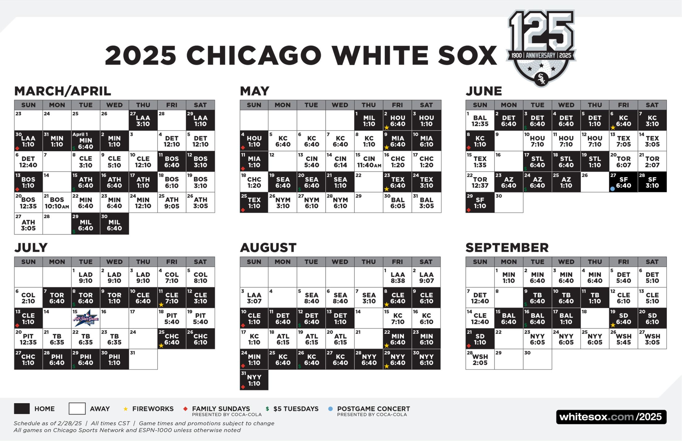 White Sox Printable Schedule Chicago White Sox