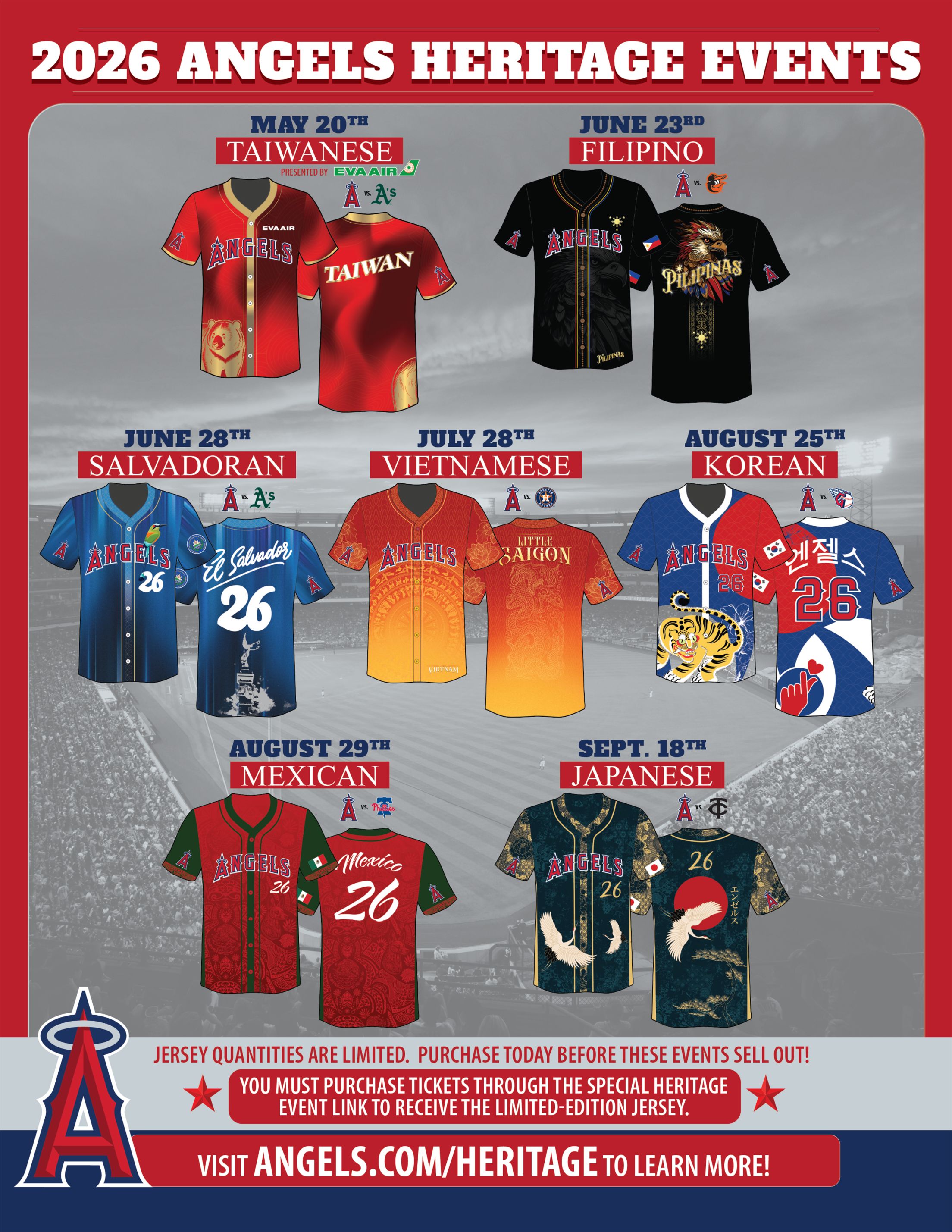 Official Los Angeles Angels 2026 Heritage Events graphic showing multiple cultural heritage jersey nights