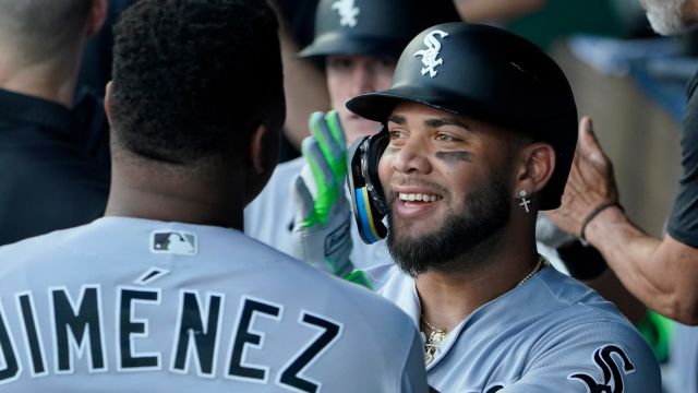 Chicago White Sox's Yoan Moncada gestures after hitting an RBI double  during the first inning of the team's baseball game against the Houston  Astros in Chicago, Friday, July 16, 2021. (AP Photo/Nam