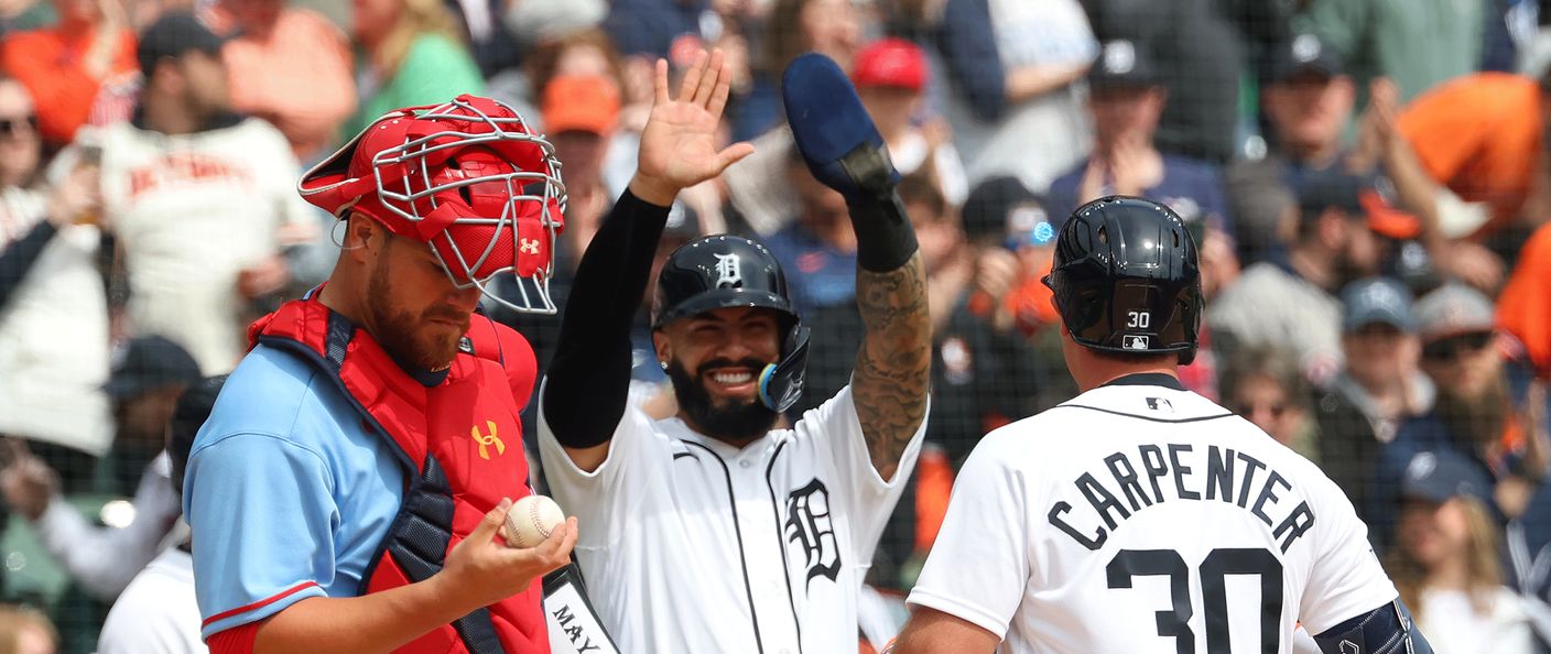 Action du match entre les Cardinals et les Tigers, au Comerica Park.