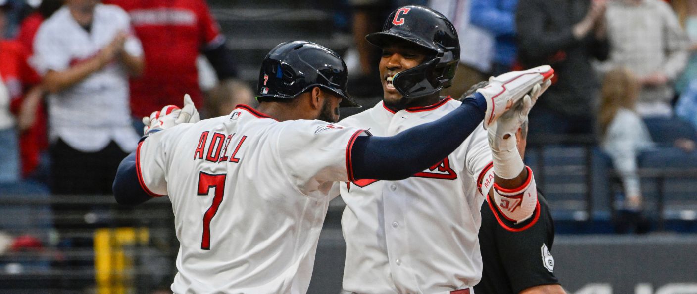 Action du match entre les Athletics et les Guardians, au Progressive Field.