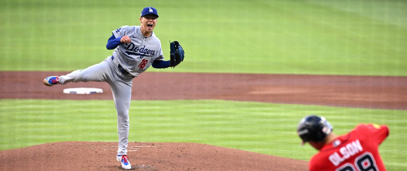 Action du match entre les Dodgers et les Braves, au Truist Park.
