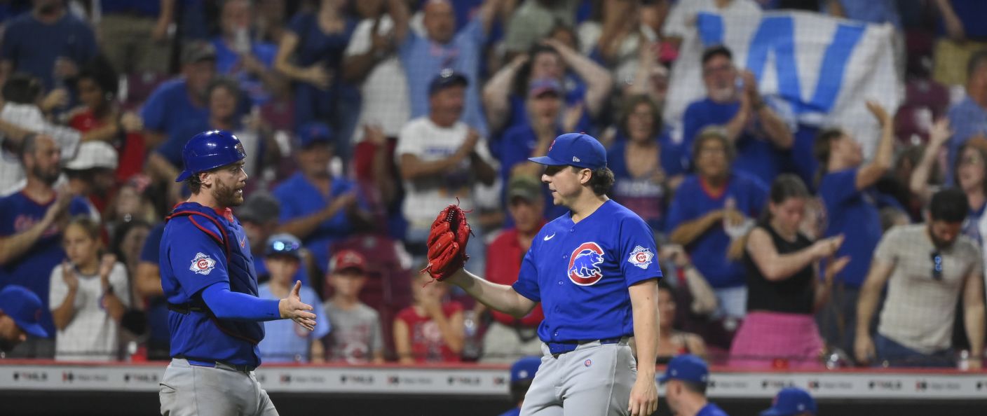 Action du match entre les Cubs et les Reds, au Great American Ball Park.