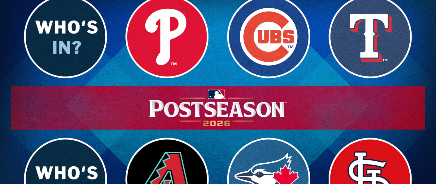 Infographie MLB Postseason 2026 avec la mention Who's In et les logos de plusieurs équipes en course pour les playoffs (Phillies, Cubs, Rangers, Diamondbacks, Blue Jays, Cardinals) sur fond bleu.