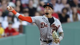 DETROIT, MI - APRIL 24: Detroit Tigers shortstop Javier Baez at bat during  the game between Colorado Rockies and Detroit Tigers on April 24, 2022 at  Comerica Park in Detroit, MI (Photo