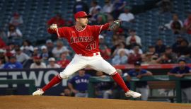 May 26, 2021: Los Angeles Angels starting pitcher Griffin Canning (47)  pitches in relief for the Angels during the game between the Texas Rangers  and the Los Angeles Angels of Anaheim at