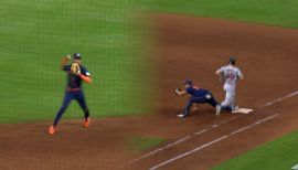 Tampa Bay Devil Rays' Carlos Pena watches his solo home run off