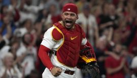 April 8, 2023: With the bases loaded, St. Louis Cardinals catcher Willson  Contreras (40), first baseman Paul Goldschmidt (46), third baseman Nolan  Arenado (28), relief pitcher Zack Thompson (57), and pitching coach