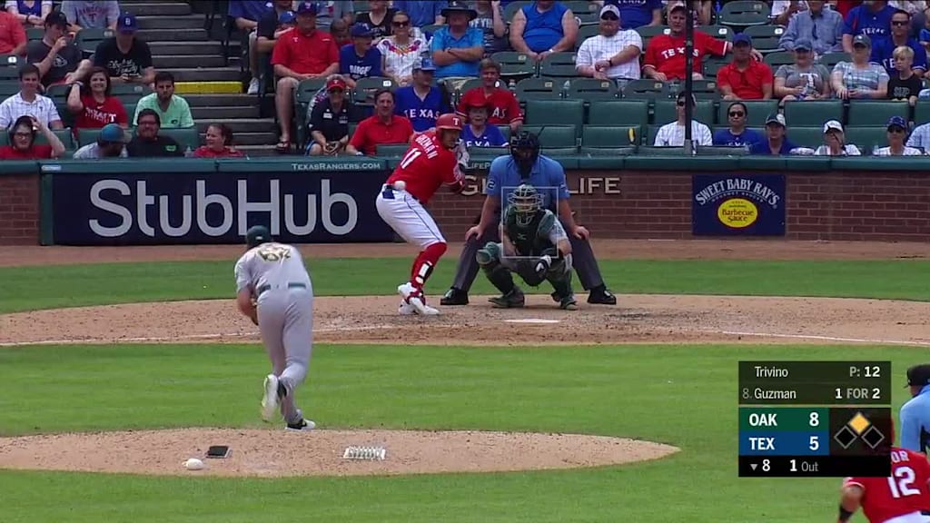 Ronald Guzman Singles On A Soft Ground Ball To Second Baseman Chad Pinder Rougned Odor To 3rd 06 09 19 Mlb Com
