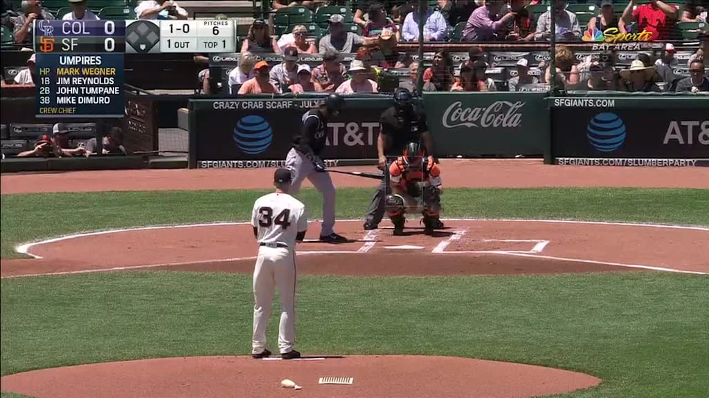 Charlie Blackmon grounds out to first baseman Brandon Belt., 07/02/2018