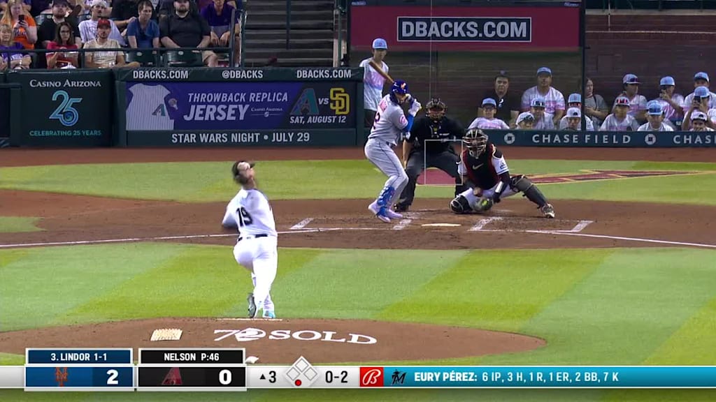 Francisco Lindor triples 2 on a line drive to center fielder Alek Thomas