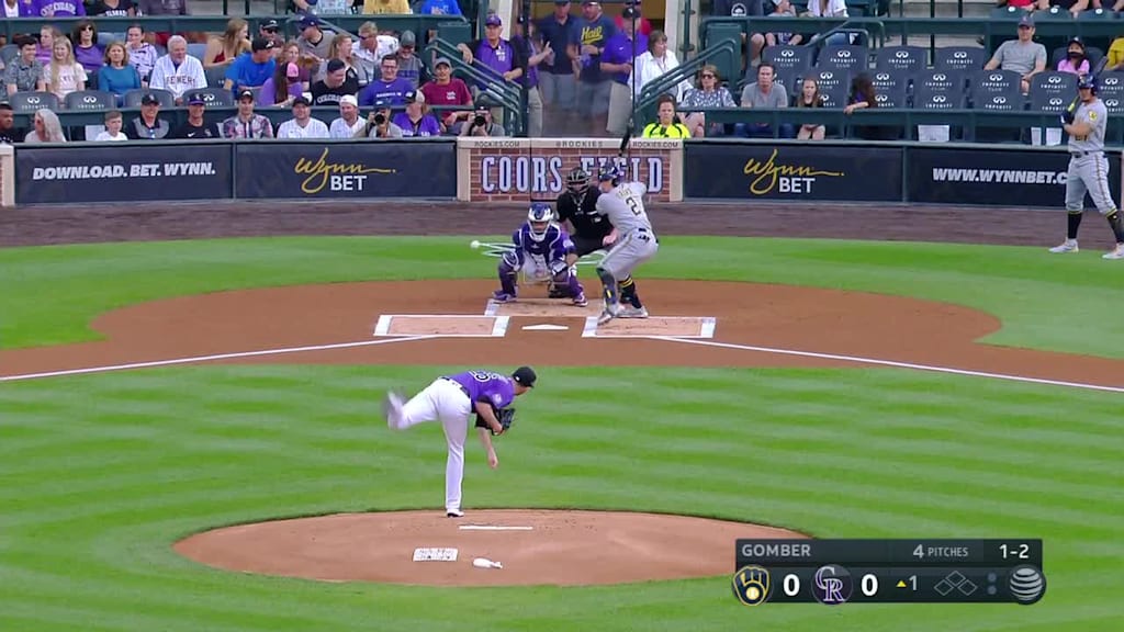 Luis Urias doubles (12) on a fly ball to right fielder Charlie Blackmon., 06/19/2021