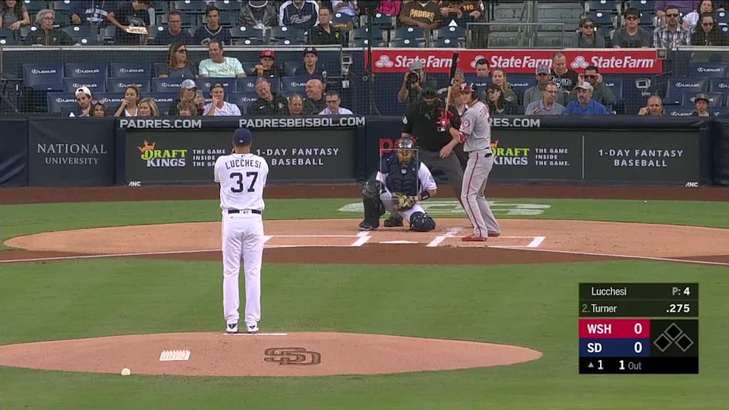Trea Turner grounds out softly, pitcher Joey Lucchesi to first baseman Eric Hosmer.