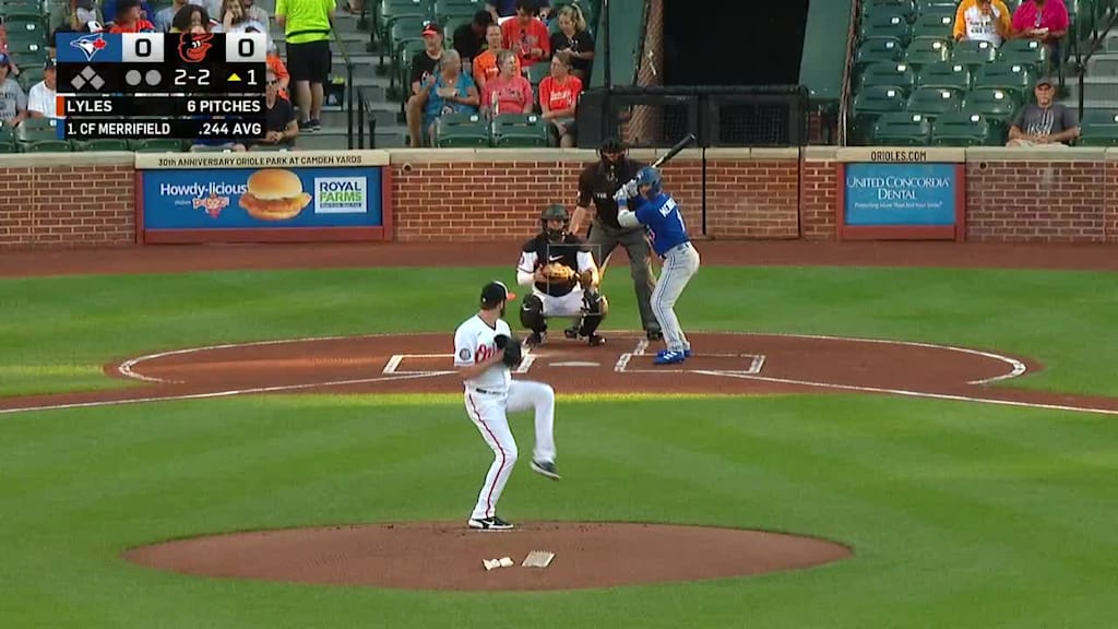 Whit Merrifield grounds out softly pitcher Jordan Lyles to first baseman Ryan Mountcastle
