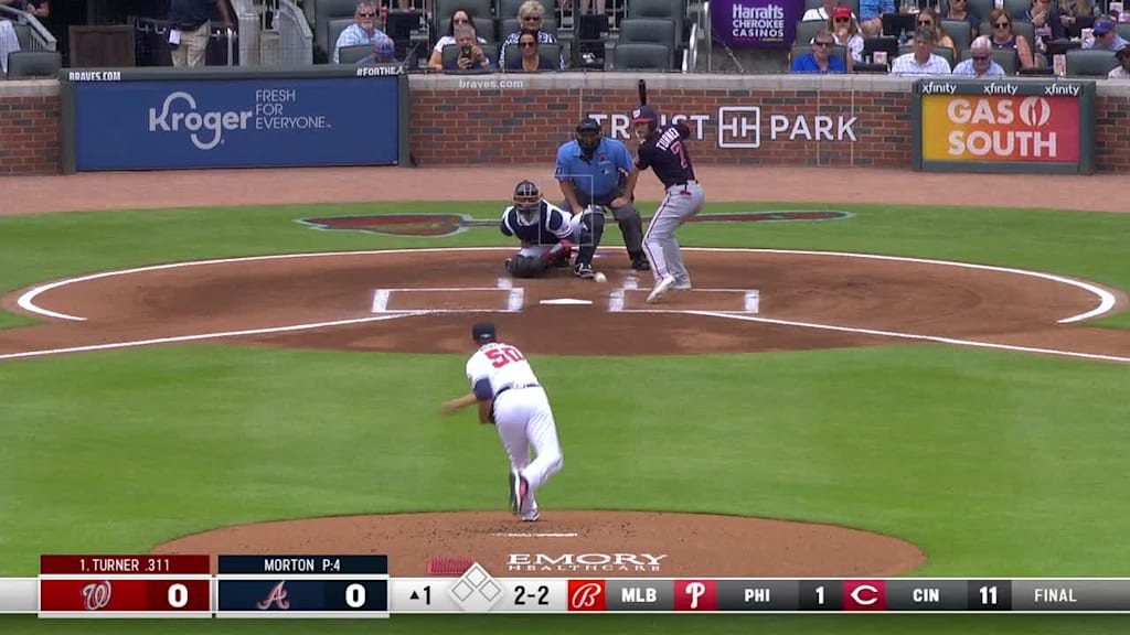 Charlie Morton Foul to Trea Turner