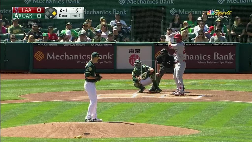 Mike Trout grounds into a double play, shortstop Marcus Semien to second baseman Jed Lowrie to first baseman Matt Olson.   Zack Cozart out at 2nd.    Mike Trout out at 1st.
