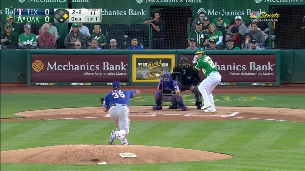 Matt Chapman reaches on a fielder's choice, fielded by shortstop Danny Santana.   Marcus Semien to 2nd.  Marcus Semien advances to 2nd, on a fielding error by shortstop Danny Santana.