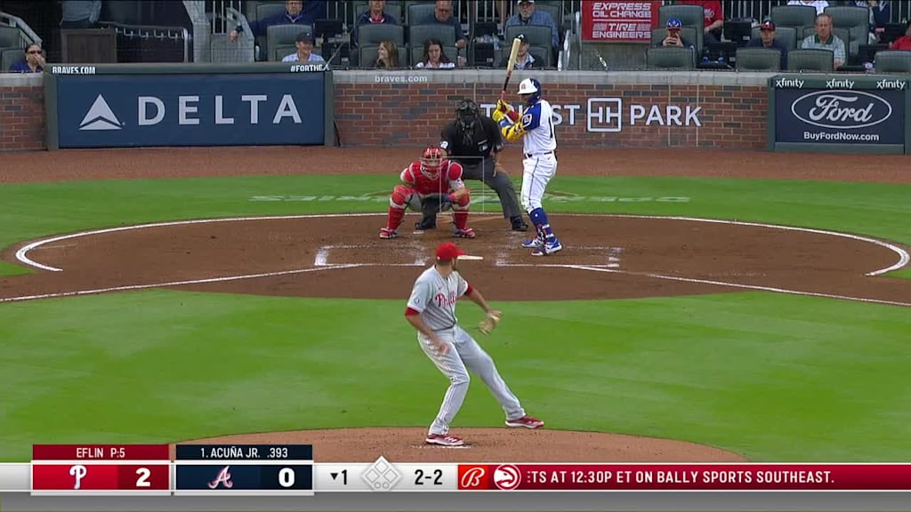 Atlanta Braves' Ronald Acuña Jr. knocked to the ground after two