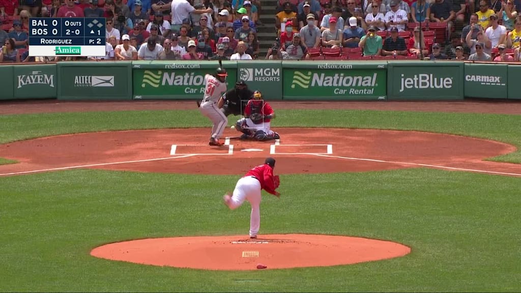 EDUARDO RODRIGUEZ throws a strike on his first pitch of the game