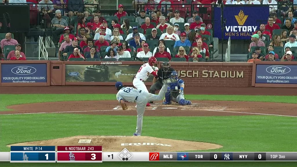 Lars Nootbaar of the St. Louis Cardinals reacts to a called strike