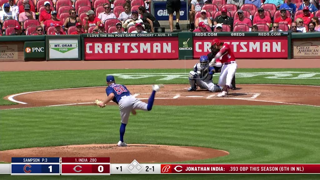 Jonathan India reacts to his first Cincinnati Reds bobblehead