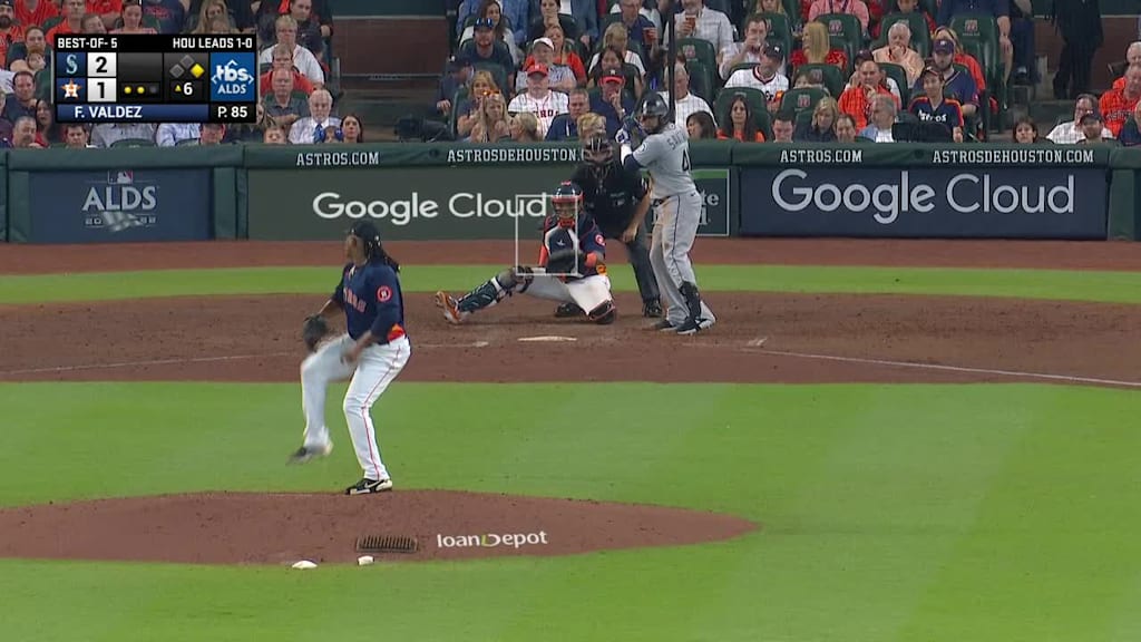 Carlos Santana doubles (1) on a sharp line drive to right fielder Kyle Tucker.   Mitch Haniger to 3rd.