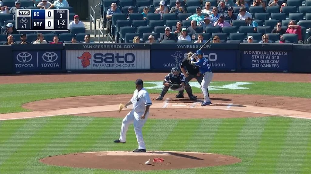 Whit Merrifield flies out to right fielder Aaron Judge.