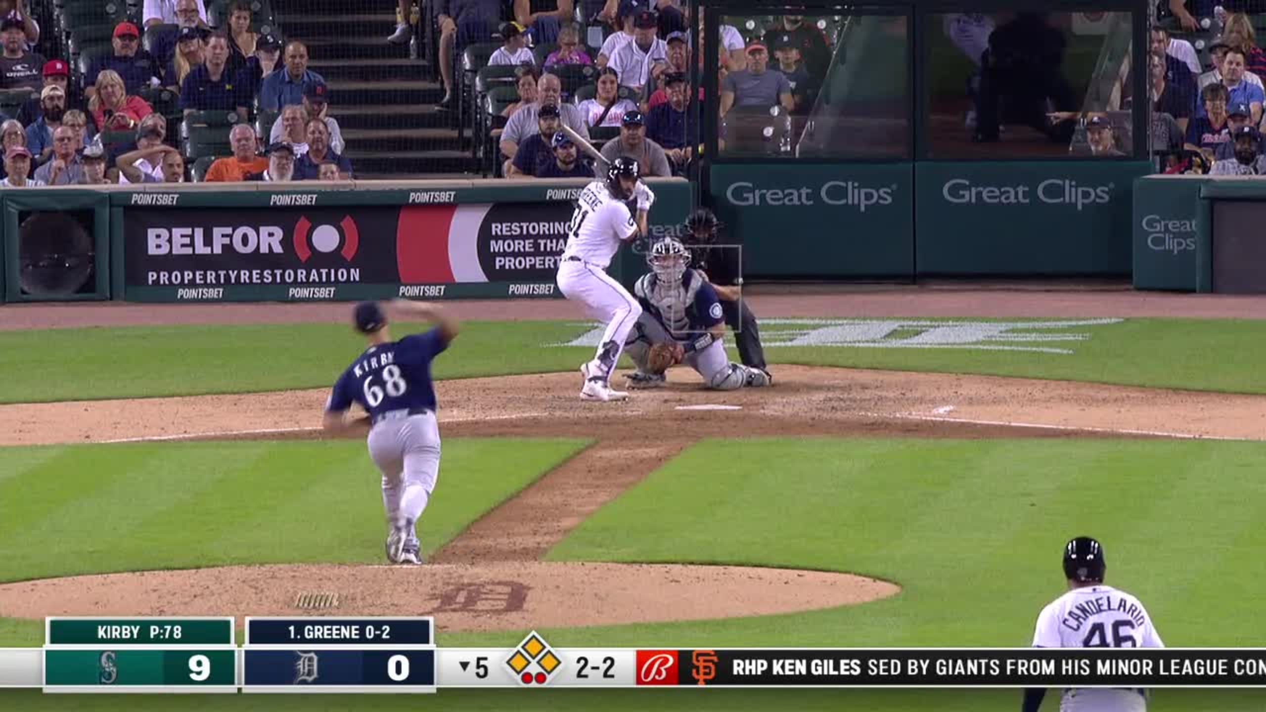 Riley Greene flies out to center fielder Julio Rodriguez.