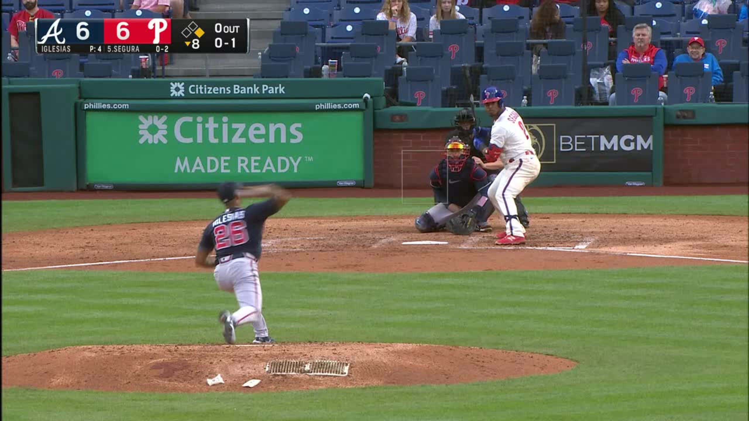 Jean Segura grounds into a double play, third baseman Austin Riley to