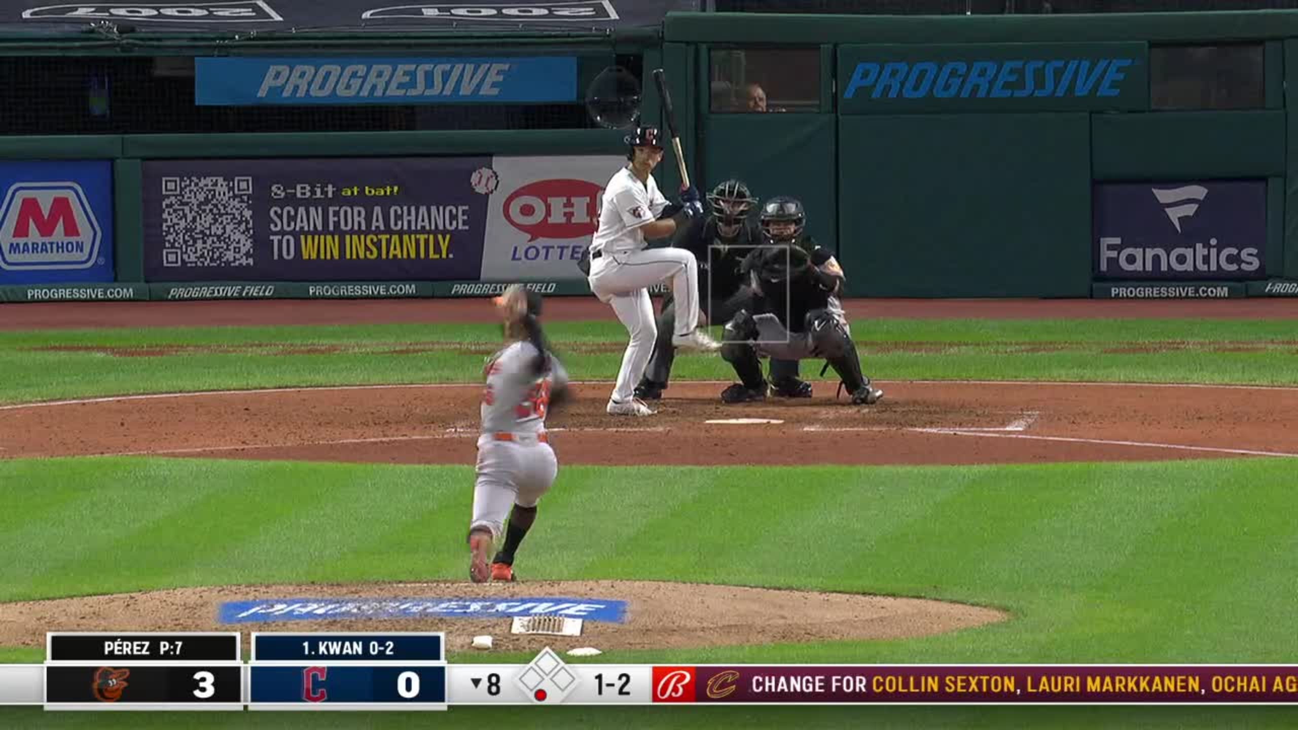Steven Kwan strikes out swinging.