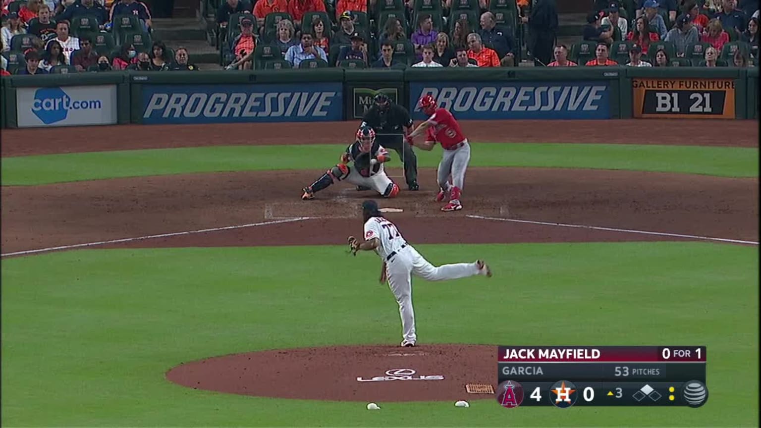 Jack Mayfield singles on a ground ball to shortstop Carlos Correa