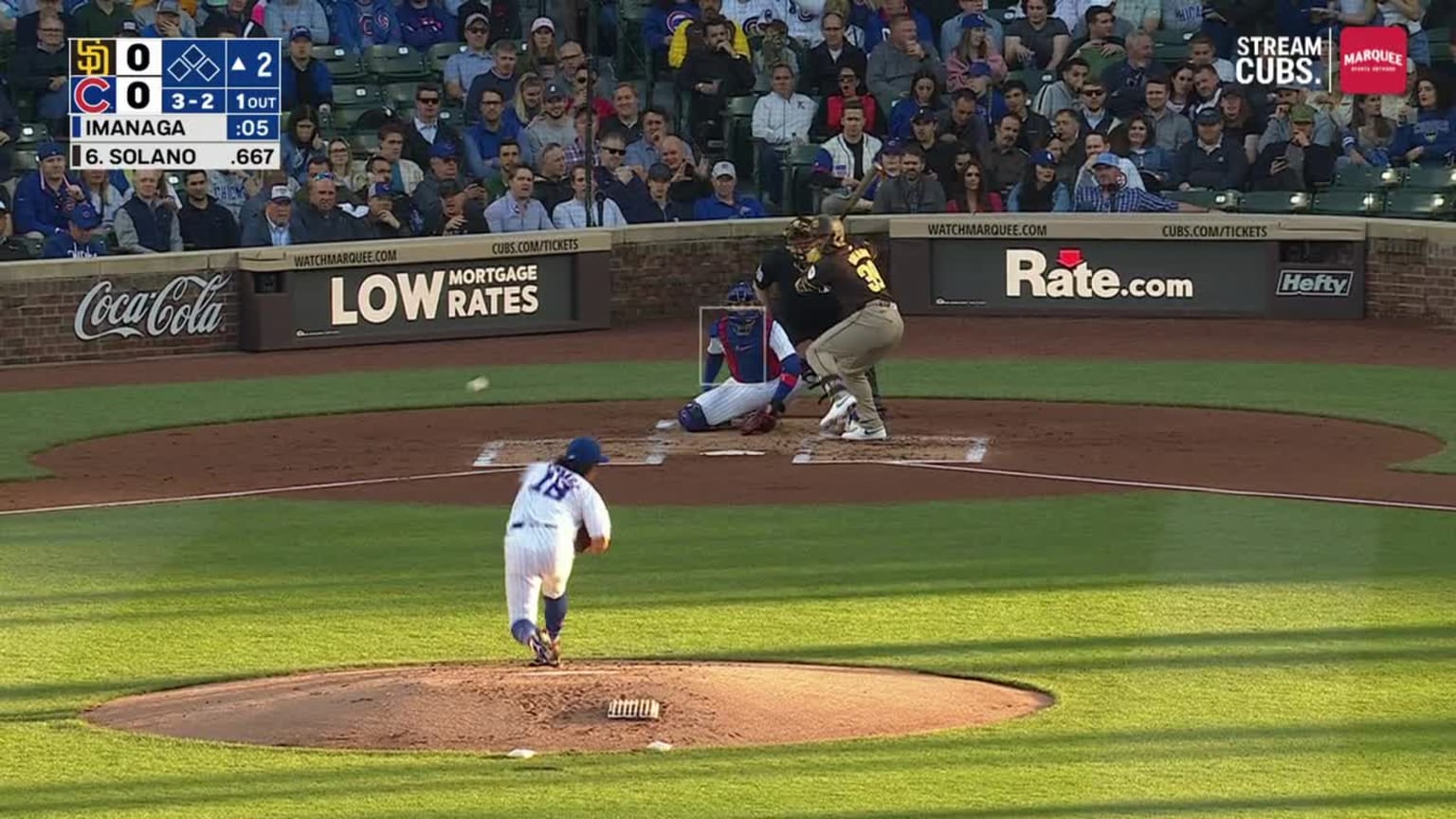 Donovan Solano singles on a fly ball to left fielder Ian Happ.