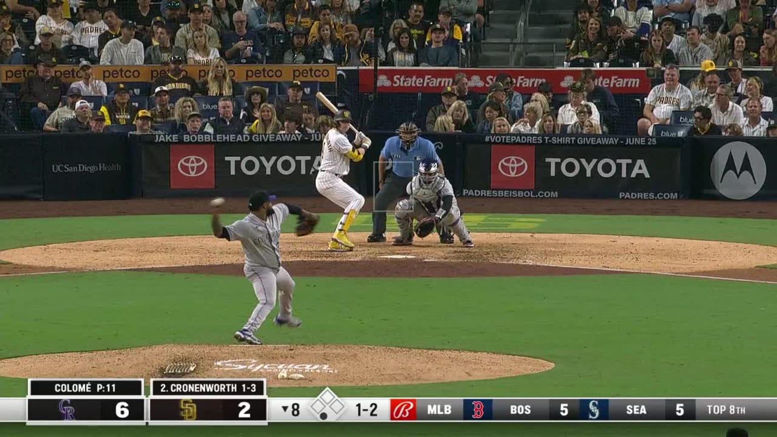 Jake Cronenworth reaches on catcher interference by Elias Diaz. Jake