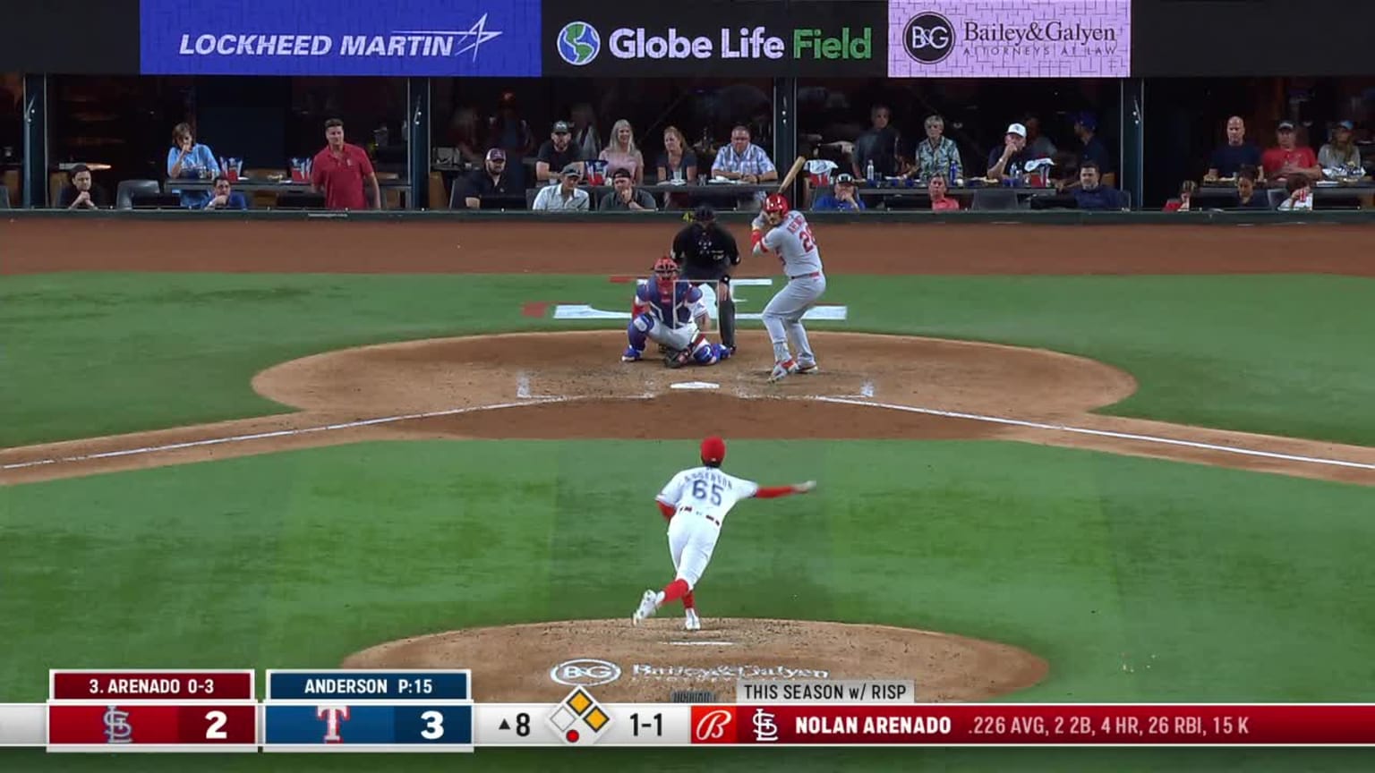 Nolan Arenado doubles (8) on a fly ball to left fielder Ezequiel Duran