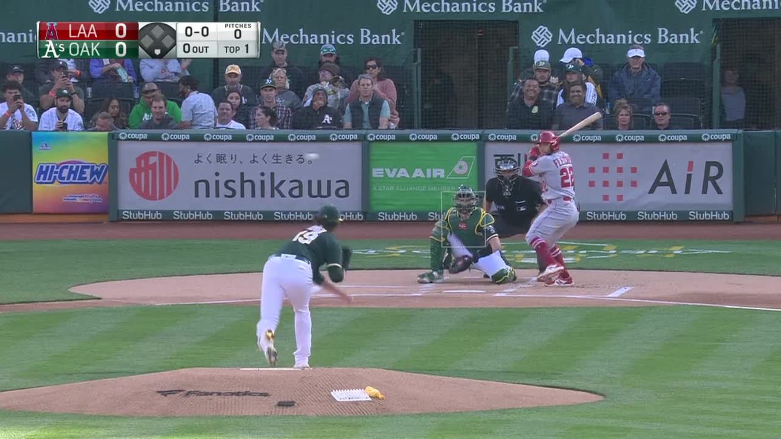 David Fletcher doubles (21) on a line drive to right fielder Mark Canha