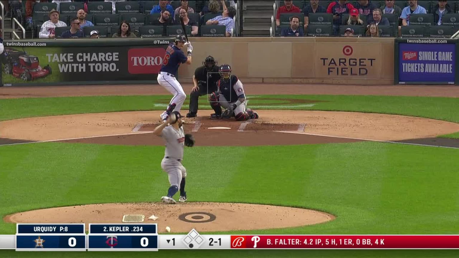 Max Kepler doubles (4) on a line drive to center fielder Jose Siri