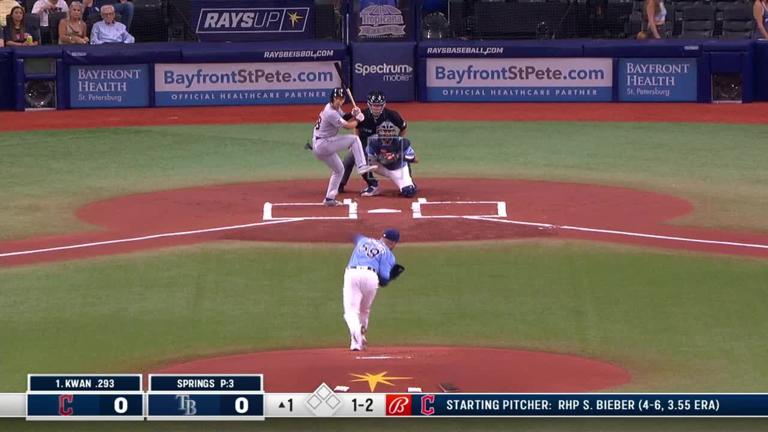 Steven Kwan singles on a ground ball to shortstop Yu Chang, deflected by  pitcher Jeffrey Springs.