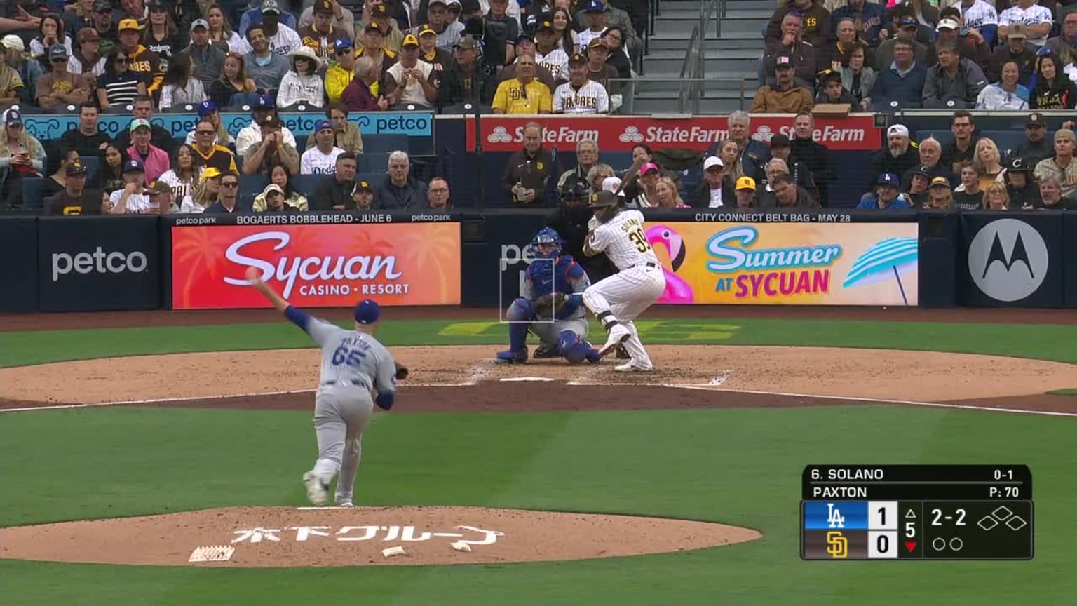 Donovan Solano doubles (1) on a line drive to left fielder Teoscar  Hernández.