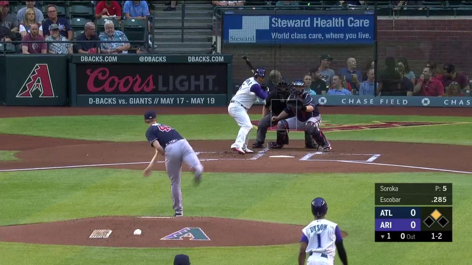 Eduardo Escobar flies out to left fielder Ronald Acuna. 05/09/2019 Milwaukee Brewers